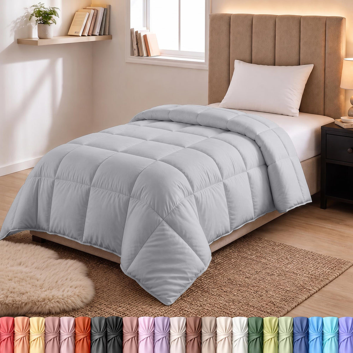 Utopia Bedding front view of twin duvet insert showing neat drape and light grey tone
