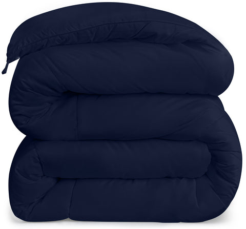 Utopia Bedding flat on bed styled displays smooth navy finish and fit