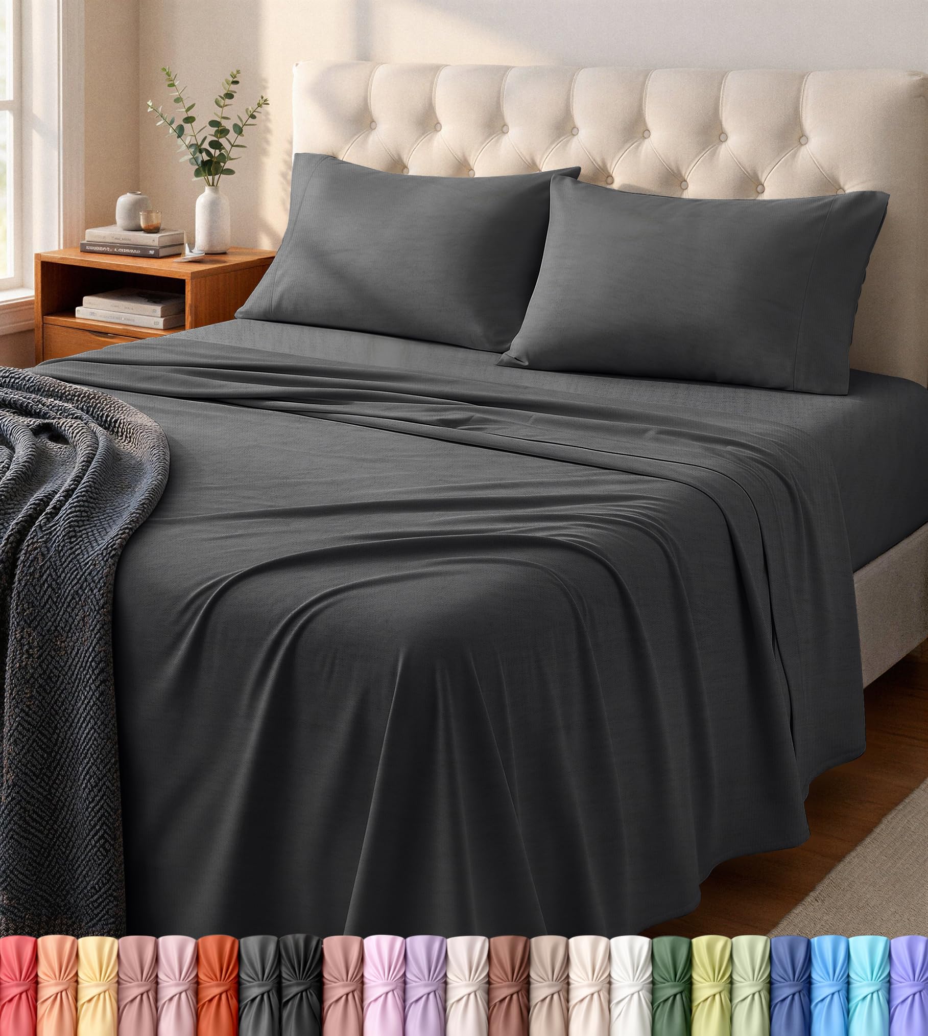 Utopia Bedding front folded packaging showing dark grey set and easy styling benefit