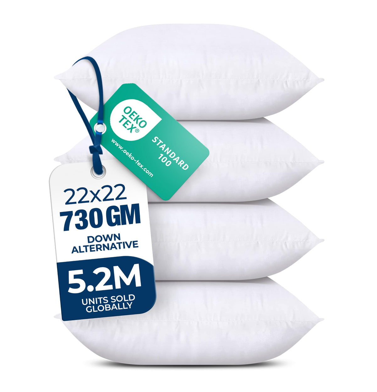 Utopia Bedding front packaging showing four 22x22 pillow inserts, easy storage benefit