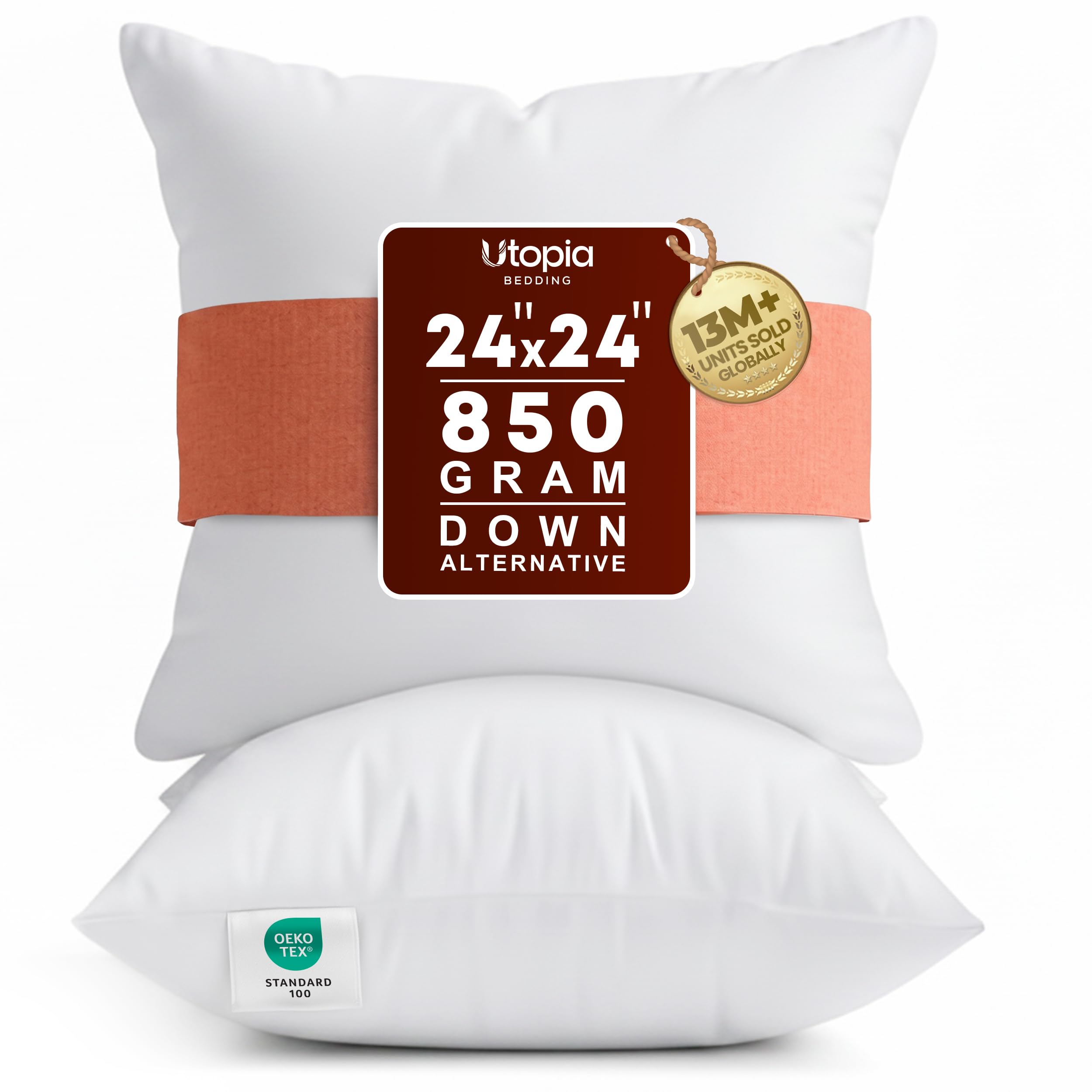 Utopia Bedding front view of two 24x24 pillow inserts showing full pack benefit