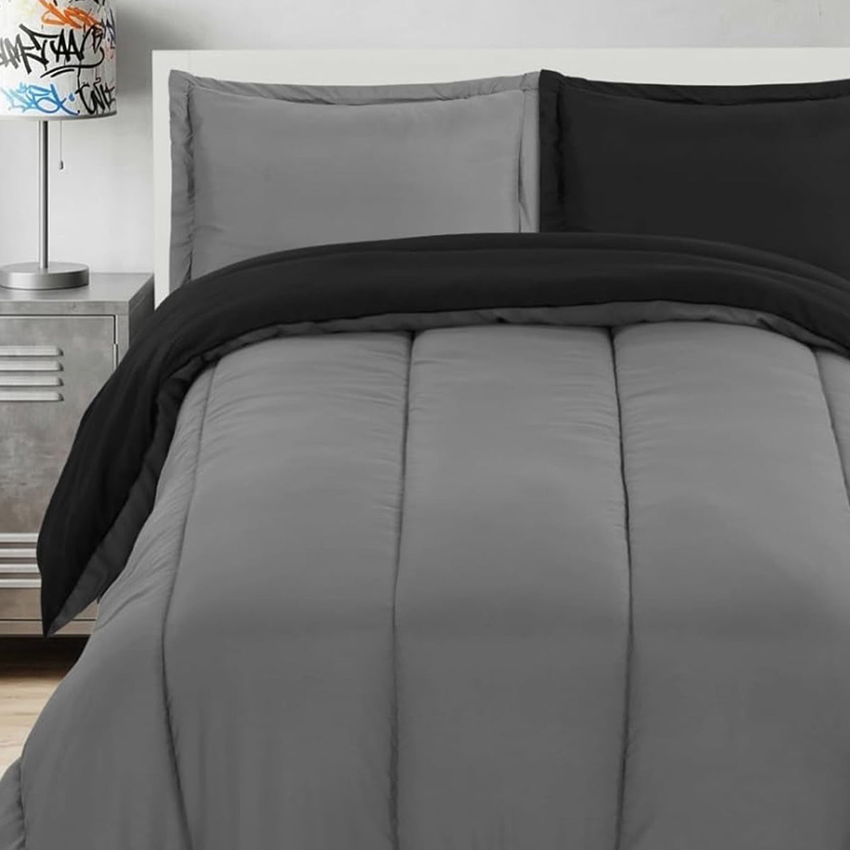 Utopia Bedding front view of black grey comforter set showing neat bed finish benefit