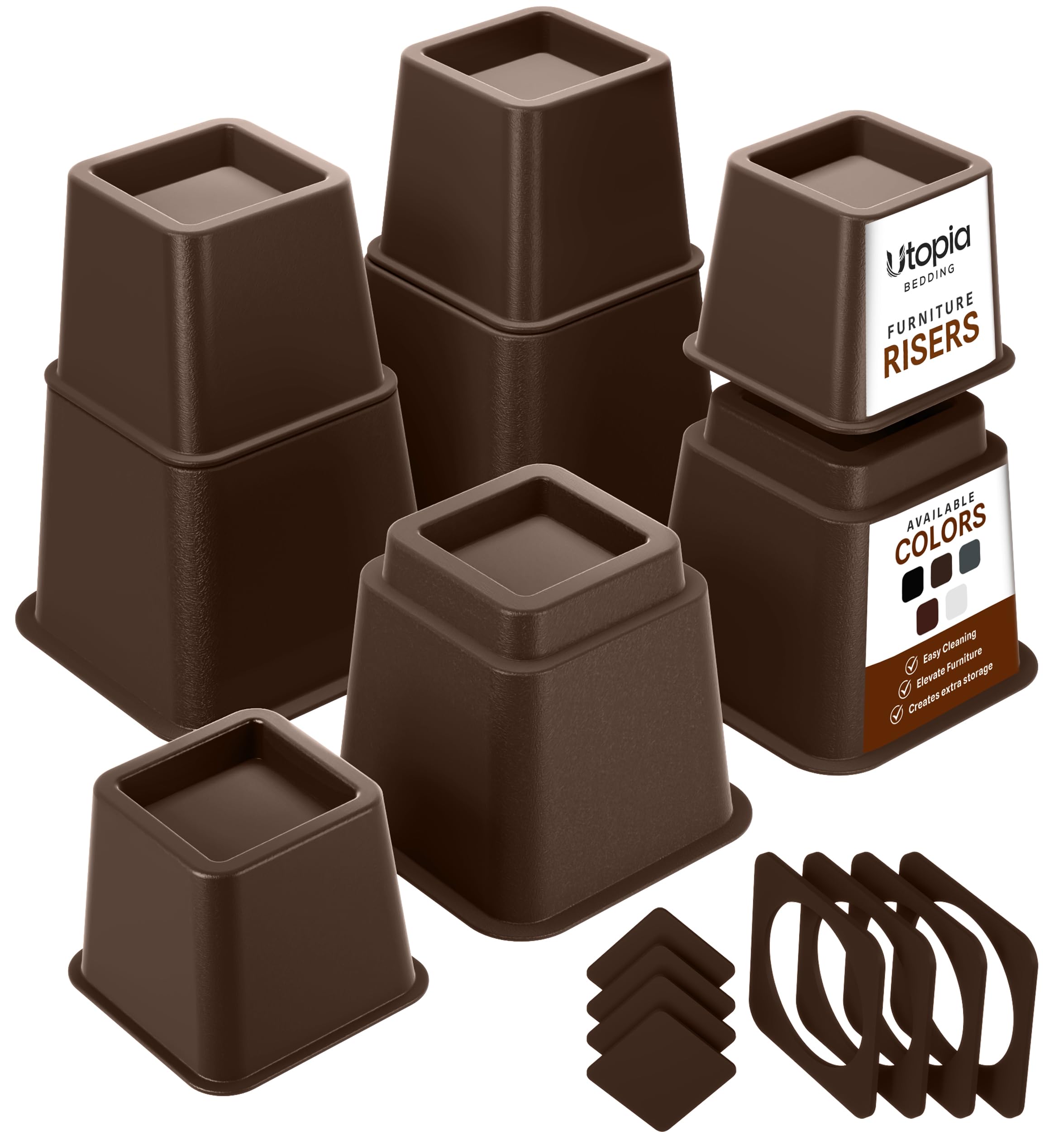 Utopia Bedding front view of brown 4-pack bed risers showing stable packaging and quick install benefit