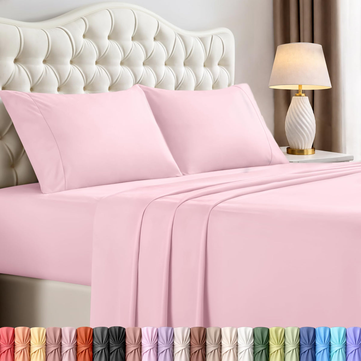Utopia Bedding front packaging showing crystal pink set and included pieces for easy selection