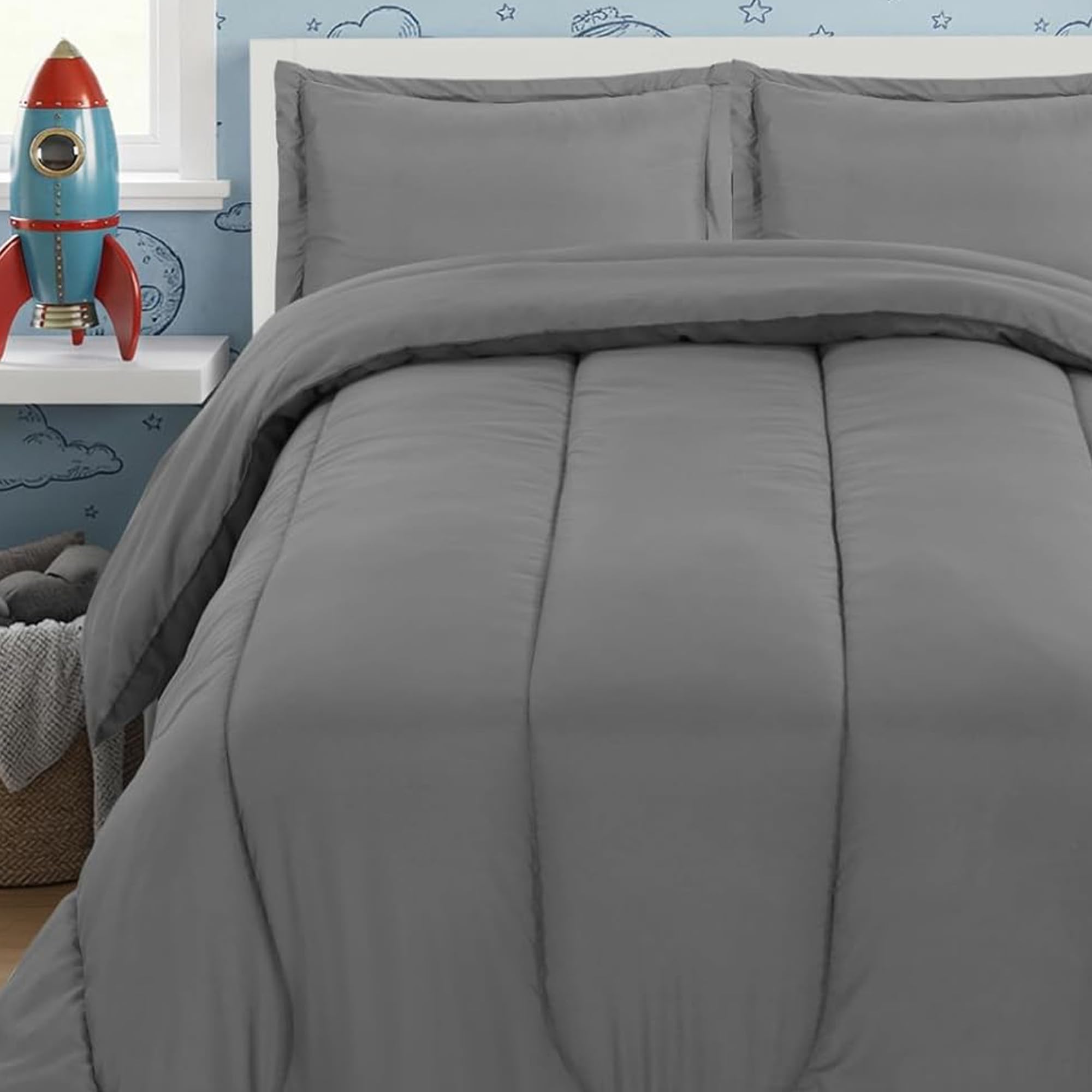 Utopia Bedding front view of grey twin comforter set showing finished bed look