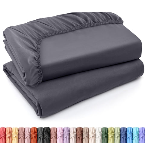 Utopia Bedding pack front view showing two grey fitted sheets and packaging, durable value