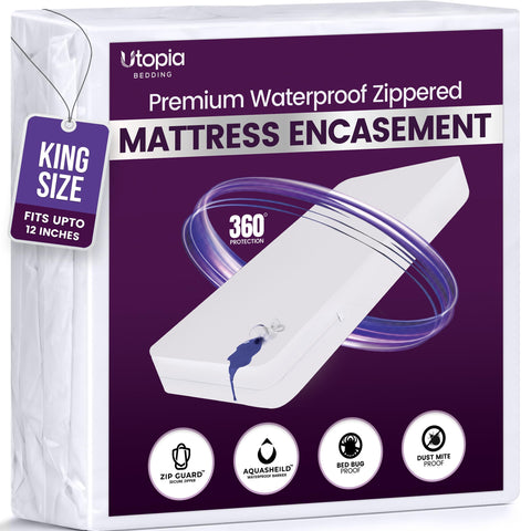 Utopia Bedding front packaging showing King-size full encasement benefit