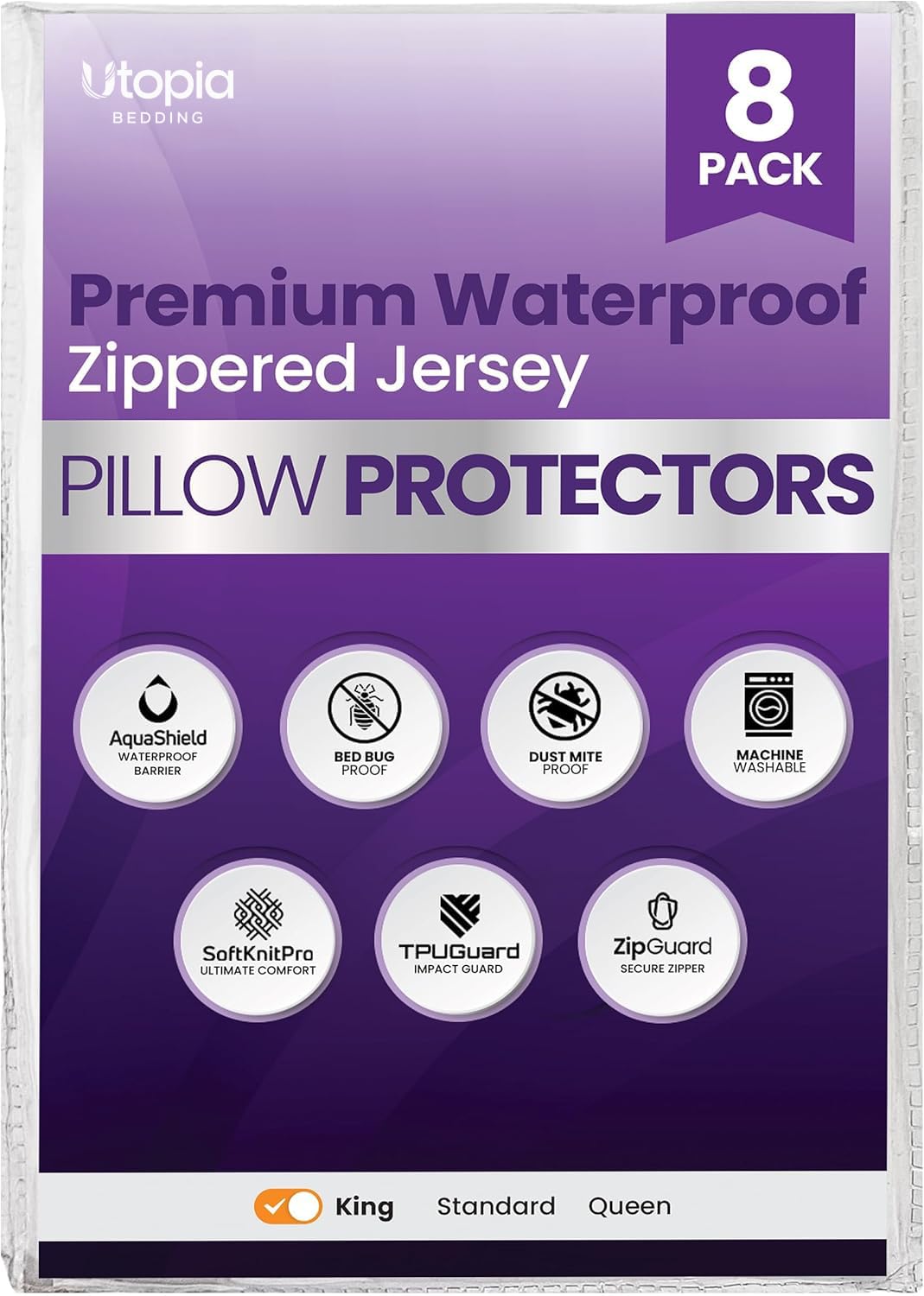 Utopia Bedding front packaging showing eight king pillow protectors and benefits