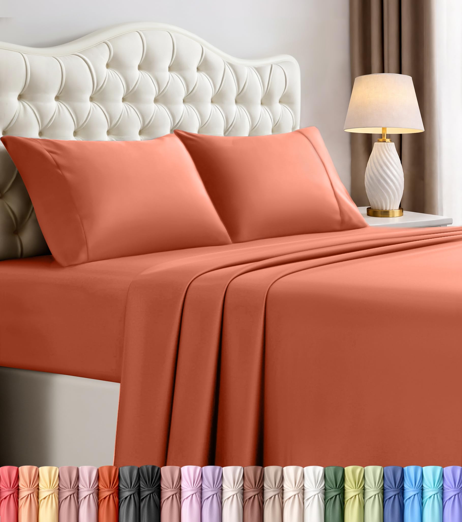 Utopia Bedding front packaging showing orange king sheet set and clear product view for easy selection
