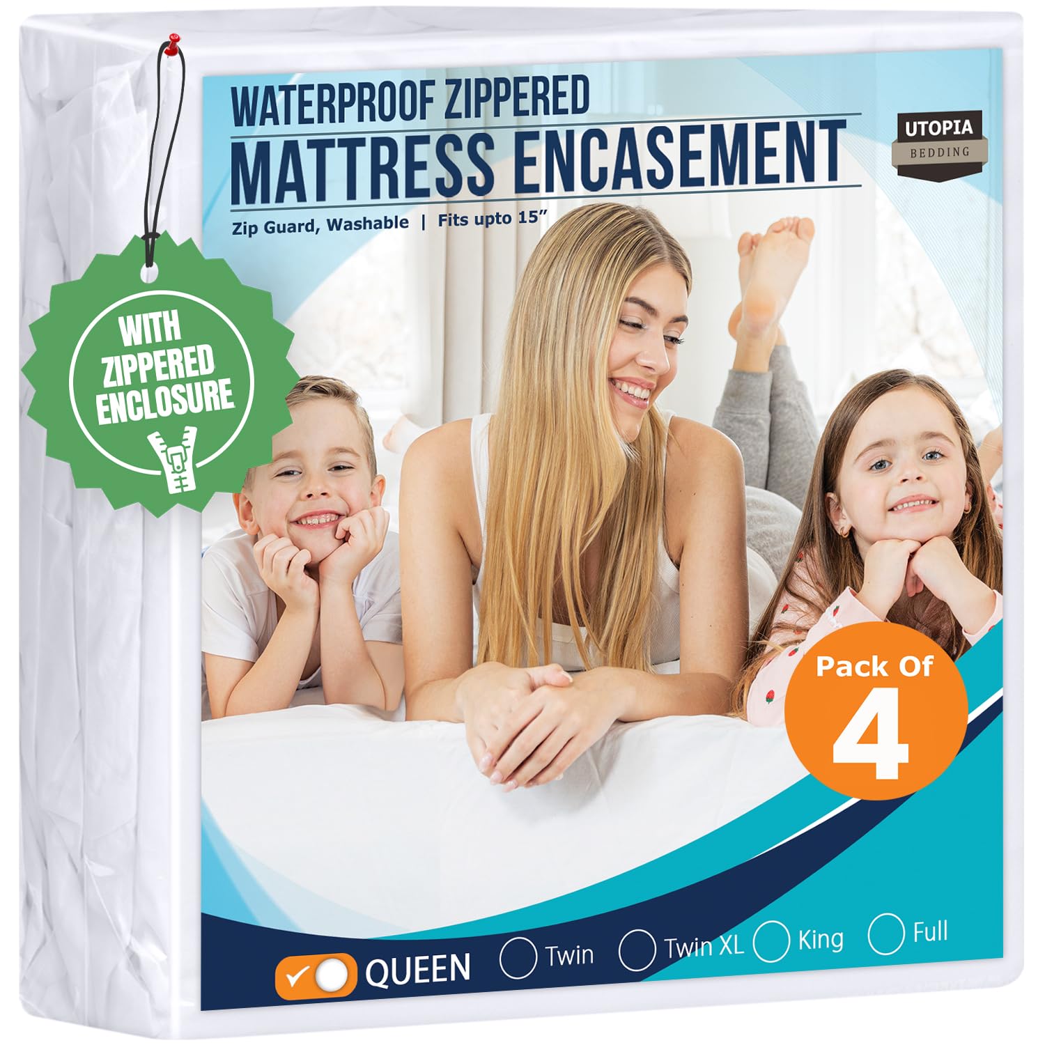 Utopia Bedding front packaging showing four queen zippered encasements protects mattresses