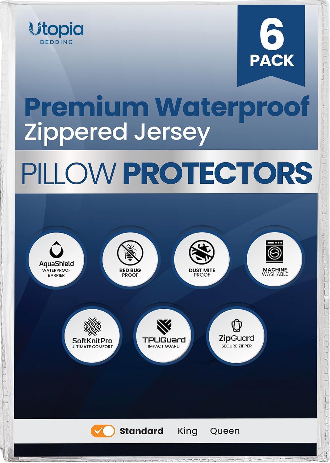 Utopia Bedding front packaging showing six pillow protectors and benefits