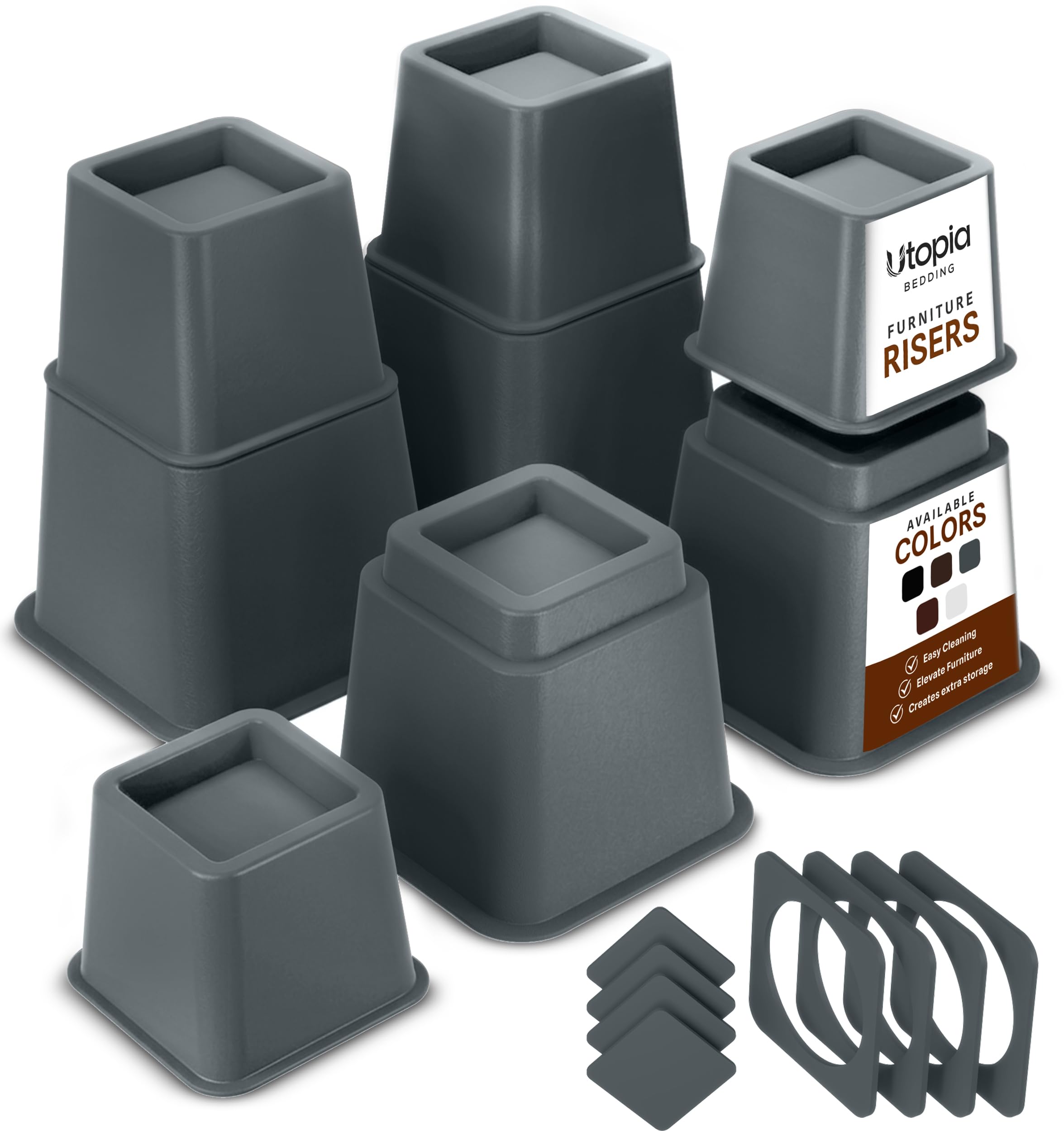 Utopia Bedding front pack view showing four grey risers and organized storage benefit