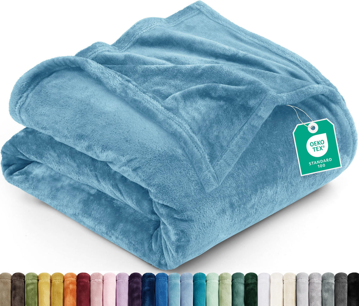 Utopia Bedding front view showing washed blue blanket and tidy finish for style
