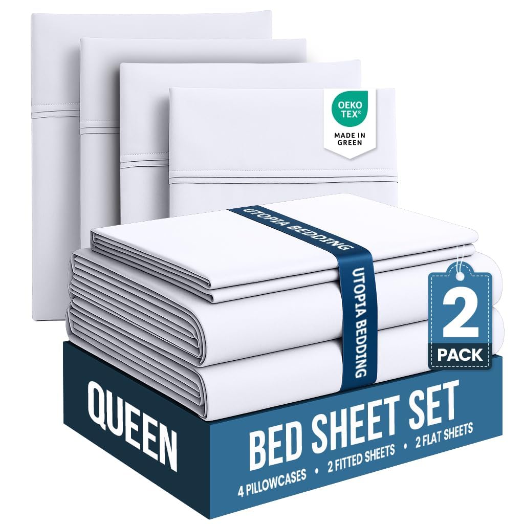 Utopia Bedding front packaging showing two white queen sets and benefits of value
