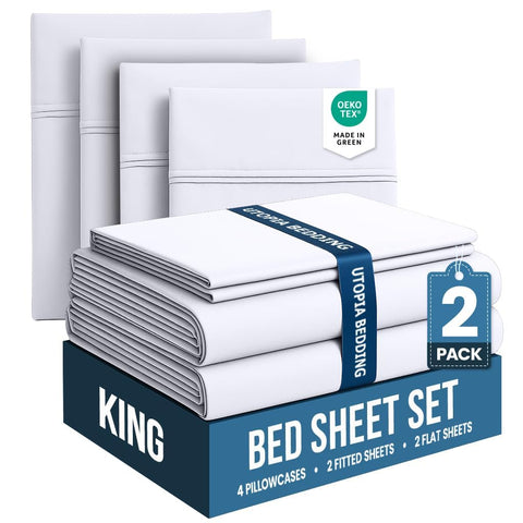 Utopia Bedding front packaging showing two king sheet sets and benefits of convenience