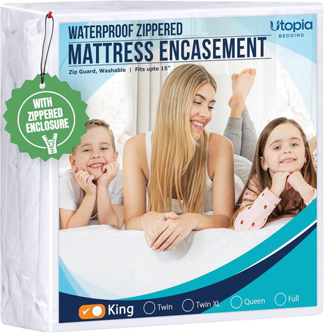 Utopia Bedding front view of encased king mattress showing full coverage benefit