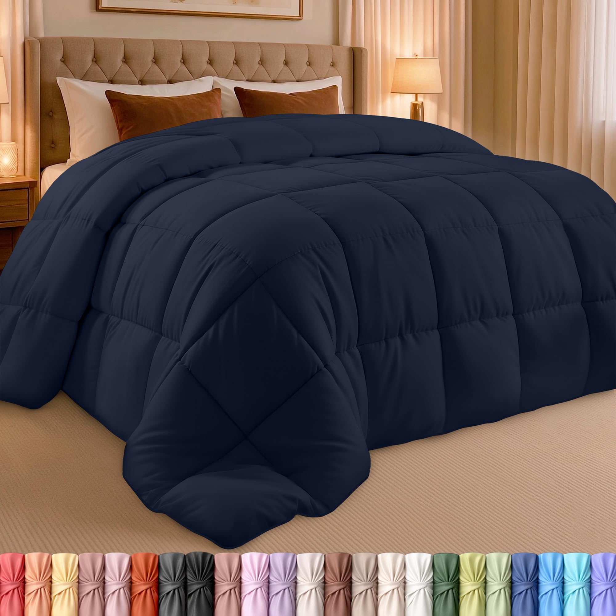 Utopia Bedding front view king comforter on bed showing navy coverage and neat finish