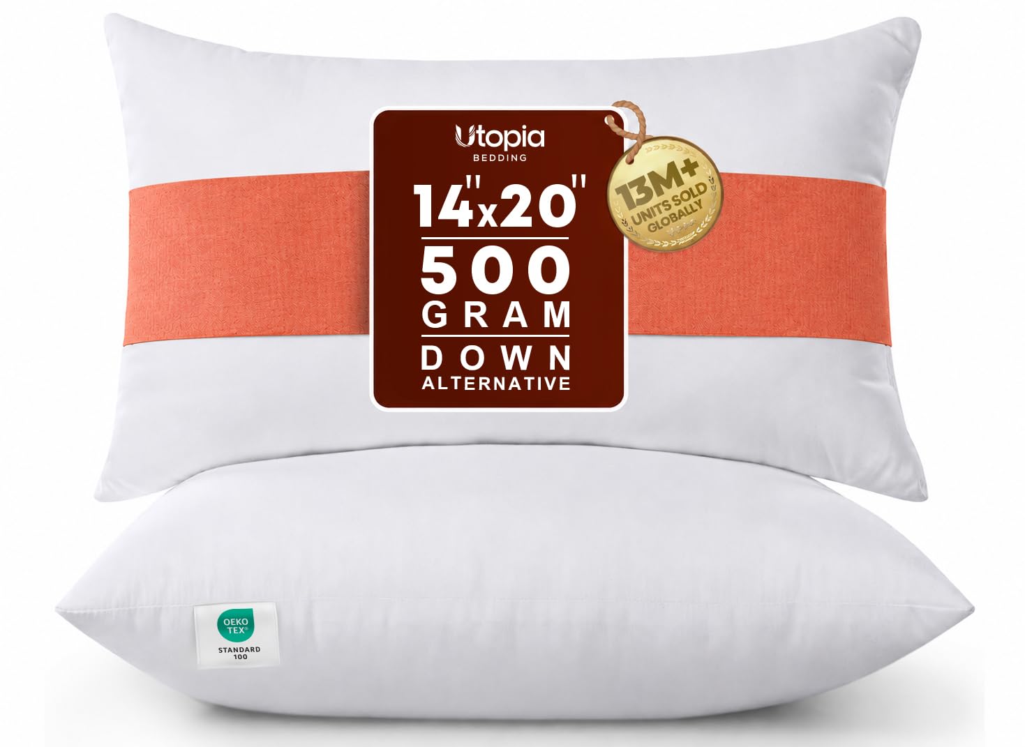 Utopia Bedding front view of two compressed 14x20 pillow inserts showing packaging and value