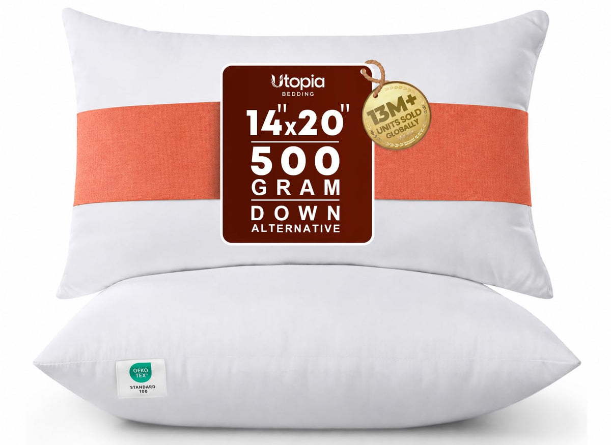 Utopia Bedding front view of two compressed 14x20 pillow inserts showing packaging and value