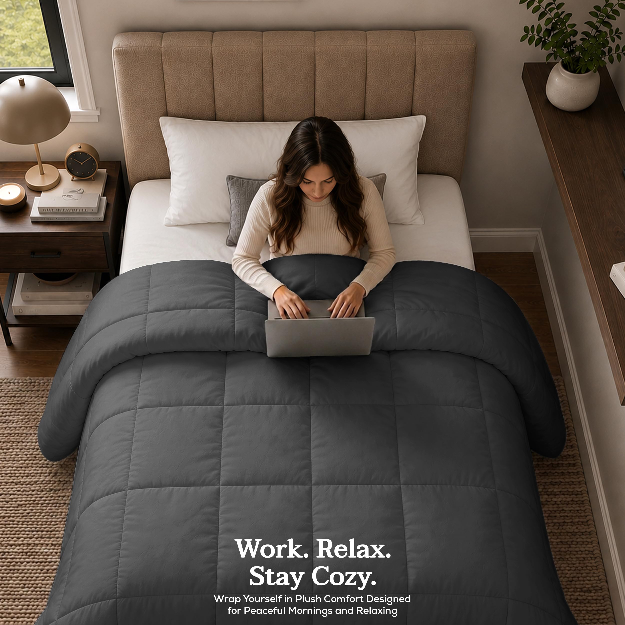 Utopia Bedding grey duvet insert styled in neutral room conveying modern color option