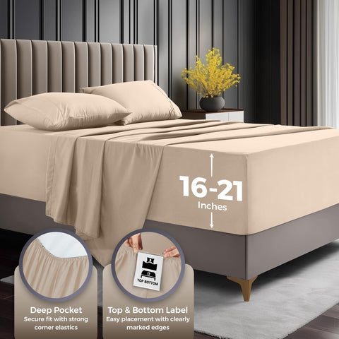 Utopia Bedding styled bedroom with king sheets in beige showing neat, inviting bed