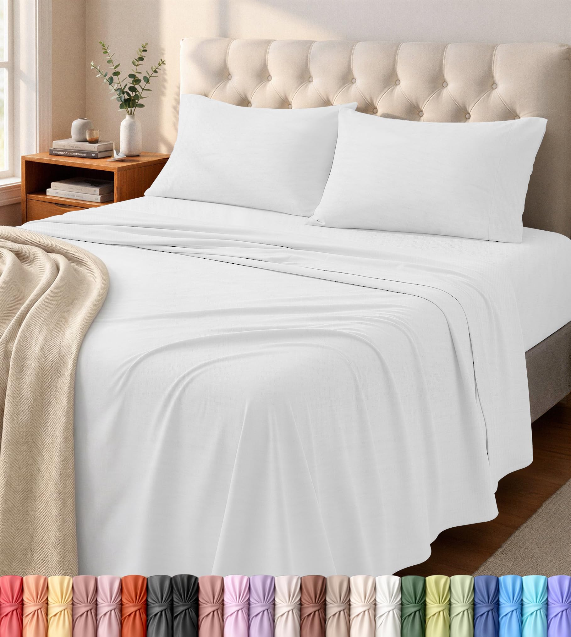 Utopia Bedding front view showing white jersey sheet set and neat presentation, inviting comfort