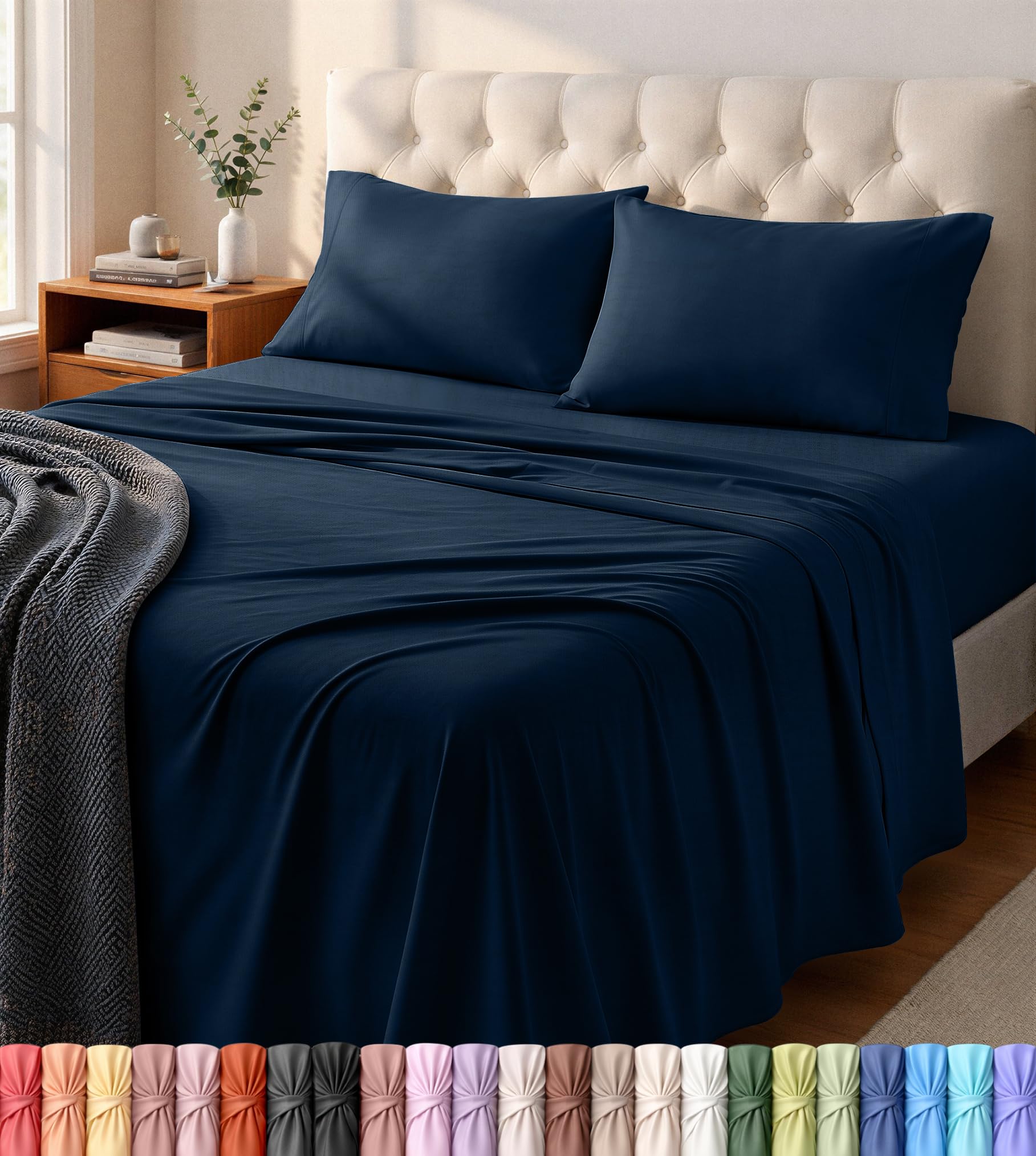 Utopia Bedding front packaging showing navy sheet set and easy-care appeal