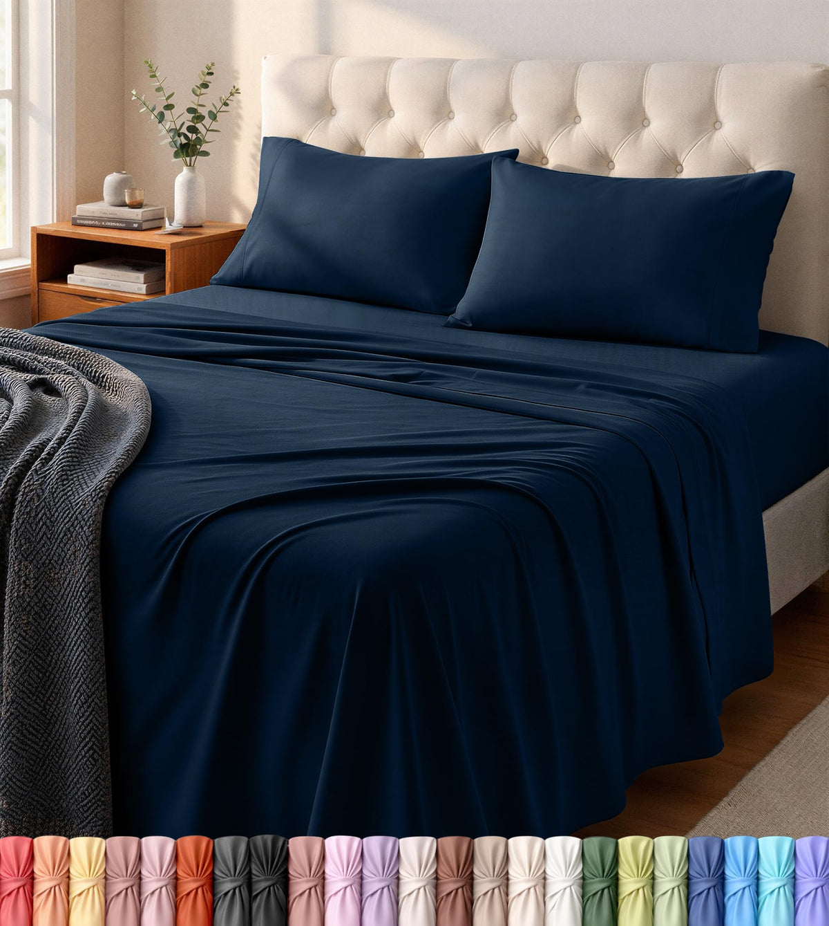 Utopia Bedding front packaging showing navy sheet set and easy-care appeal