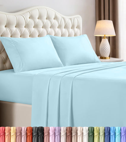 Utopia Bedding flat sheet spread in ice blue showing full coverage benefit
