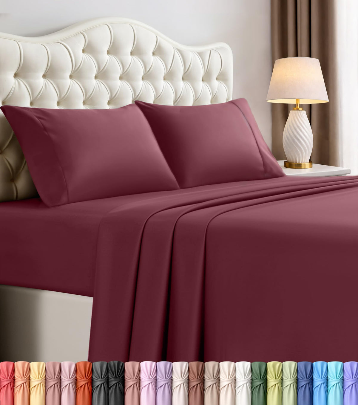 Utopia Bedding front view of king sheet set packaging shows complete burgundy set and convenience