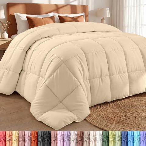 Utopia Bedding front view of beige queen comforter showing full coverage and neutral style