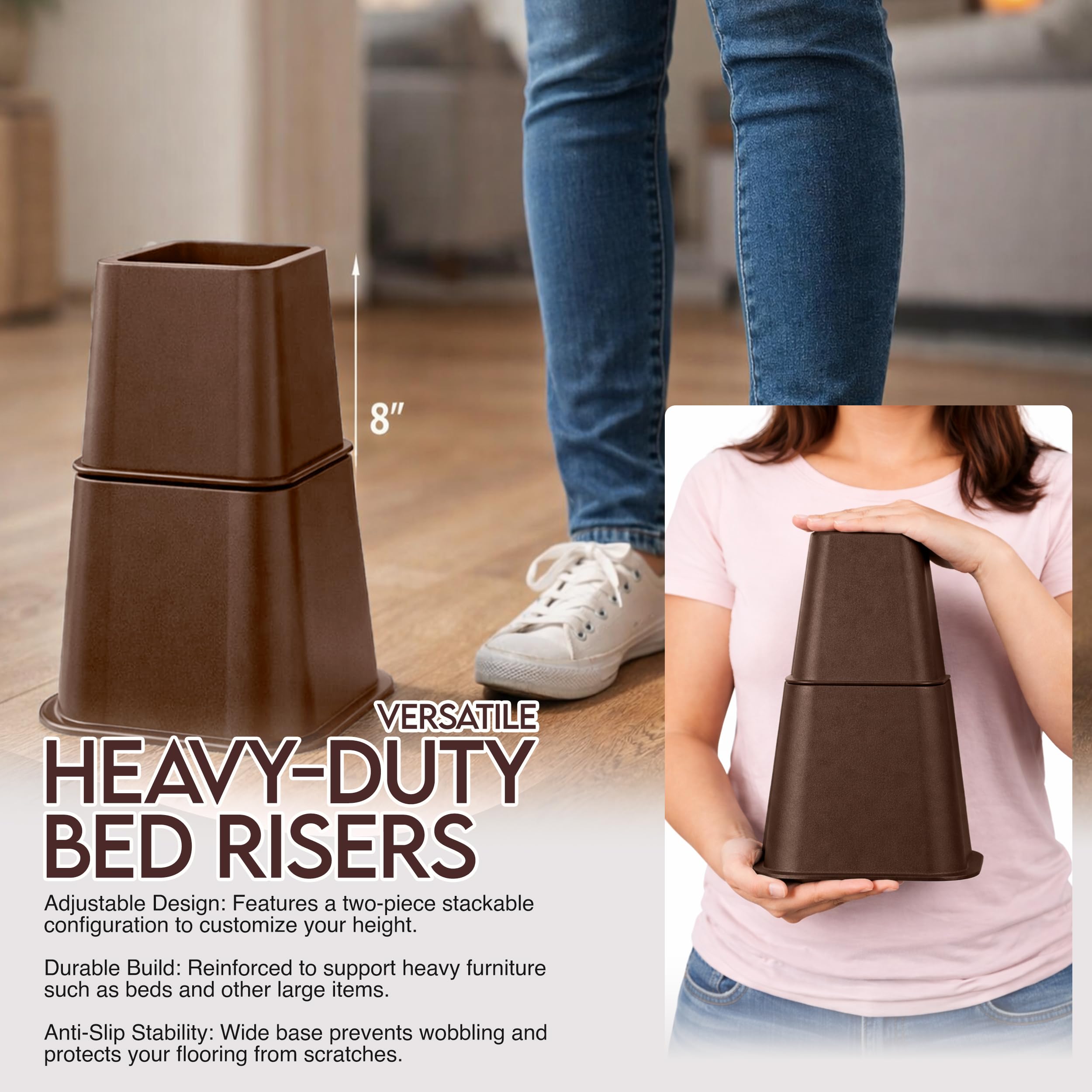 Utopia Bedding stacked risers demonstrating full 8-inch lift to create ample under-bed clearance