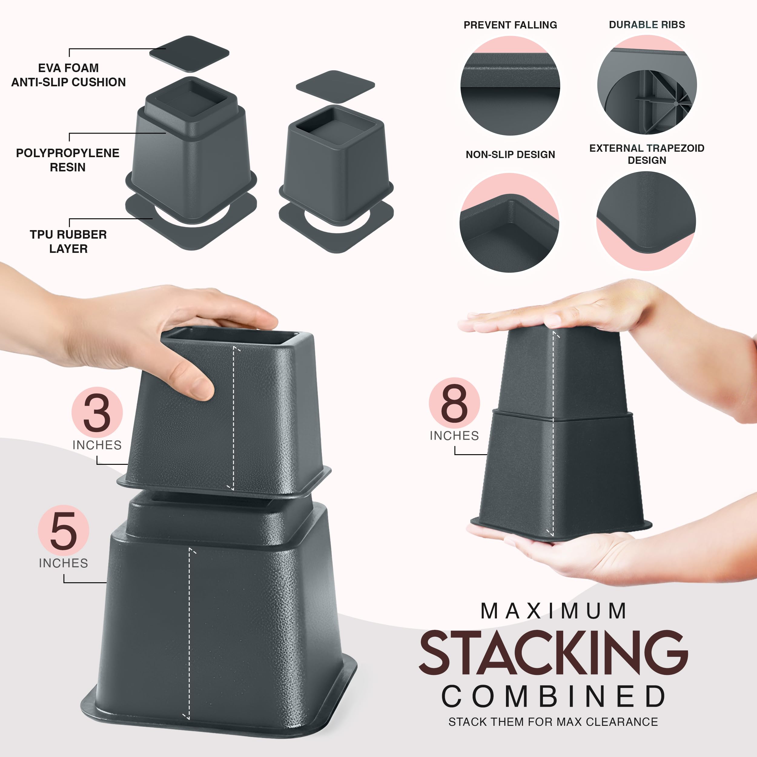 Utopia Bedding stacked risers demonstrating 8-inch lift for increased under-bed space