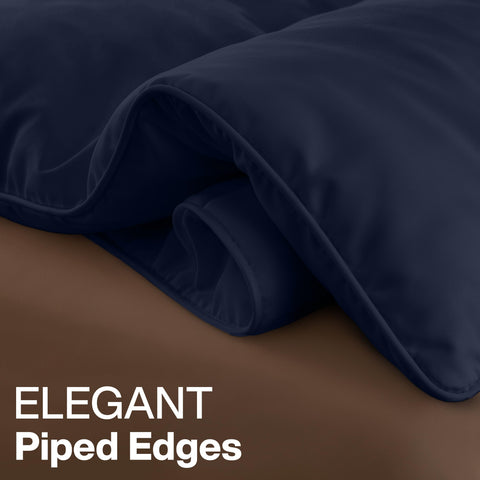 Utopia Bedding styled bedroom lifestyle with navy comforter adding polished look