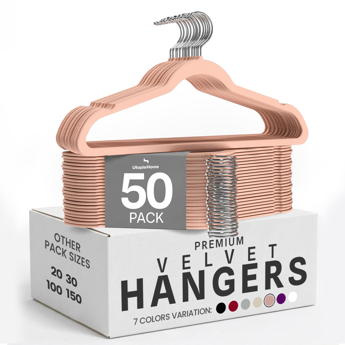 Utopia Home front-packaging showing 50 pink velvet hangers for neat closets