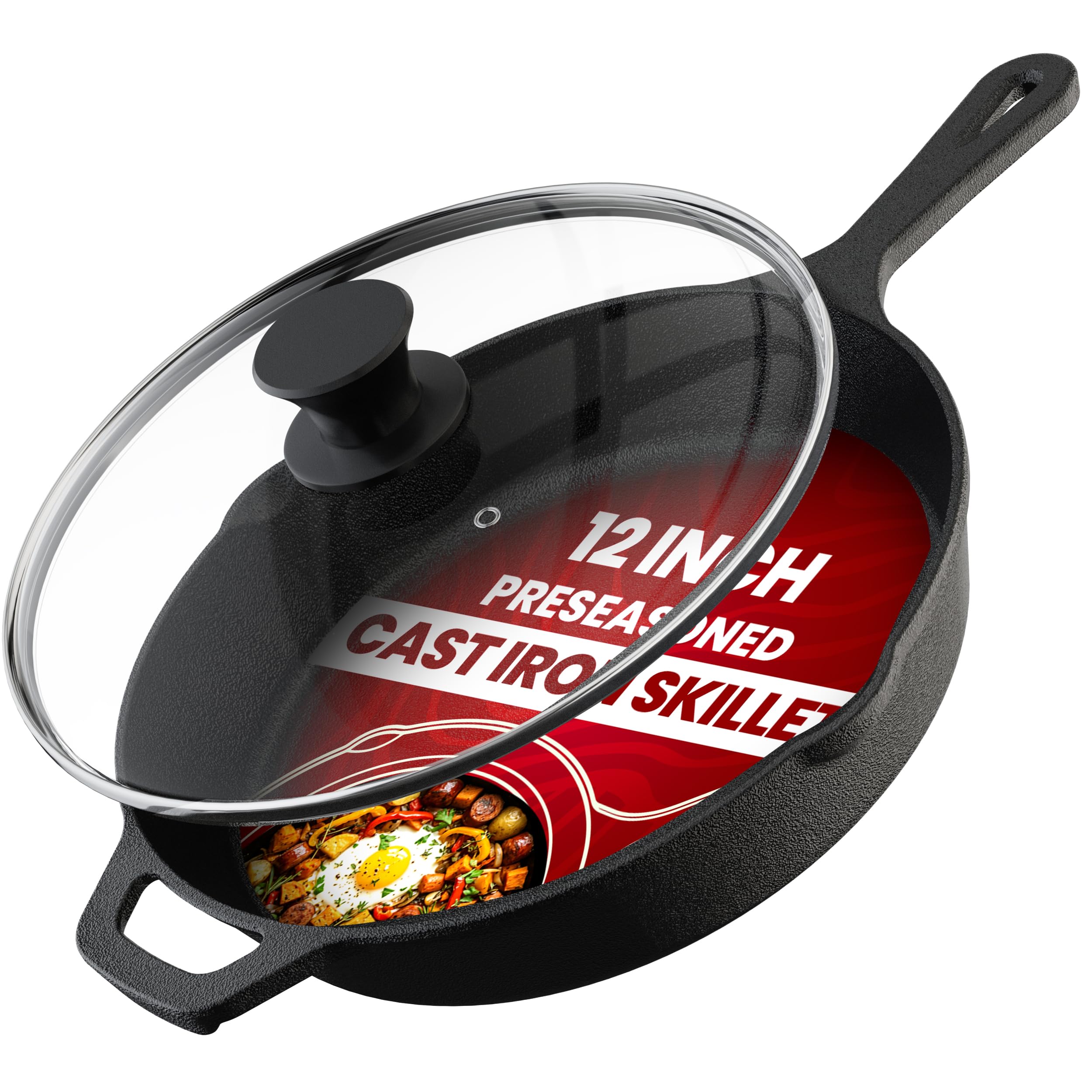 Utopia Kitchen 12-inch skillet front view showing full cooking surface and lid benefit