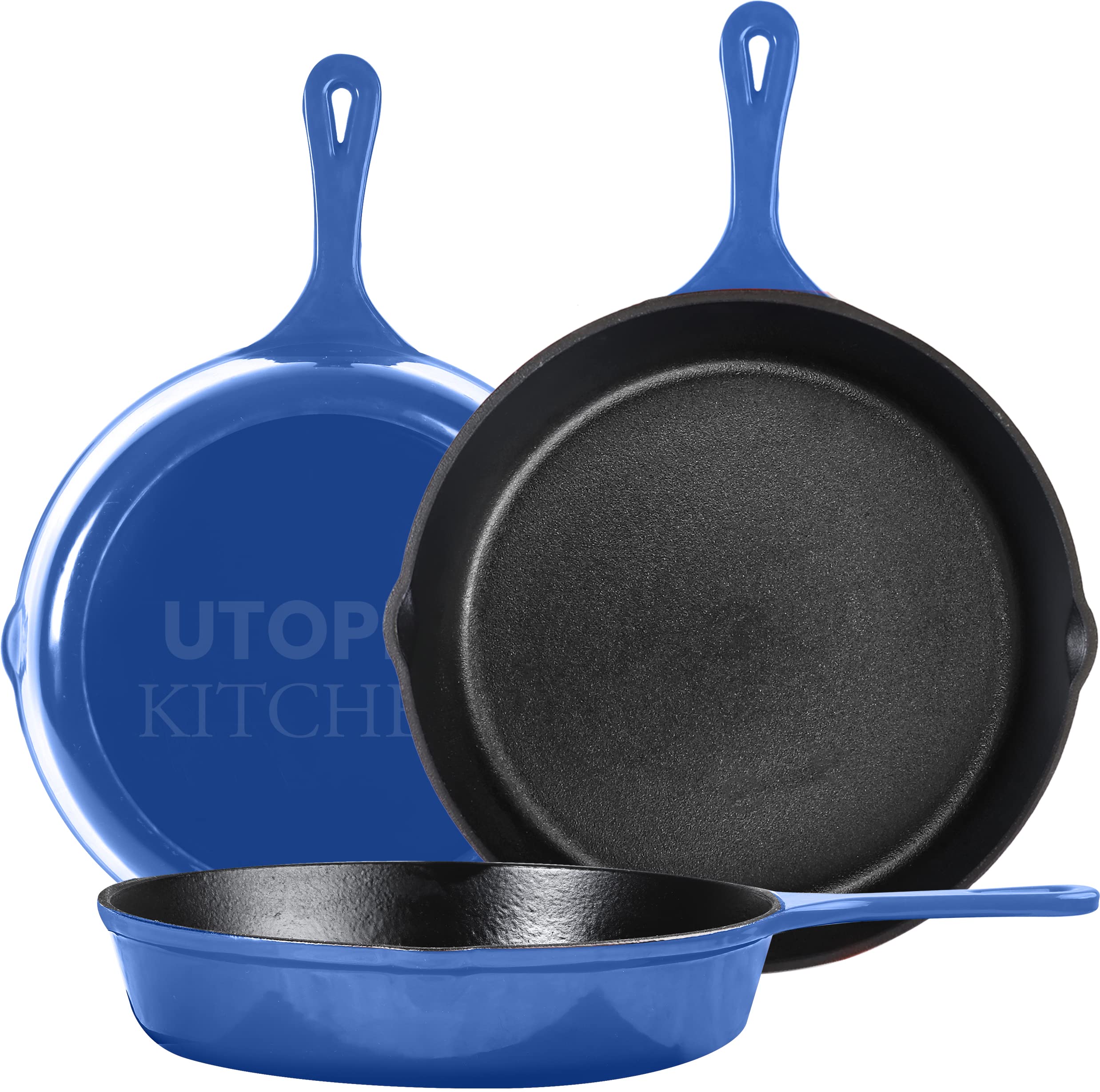 Utopia Kitchen front packaging showing blue cast iron set and immediate use benefit
