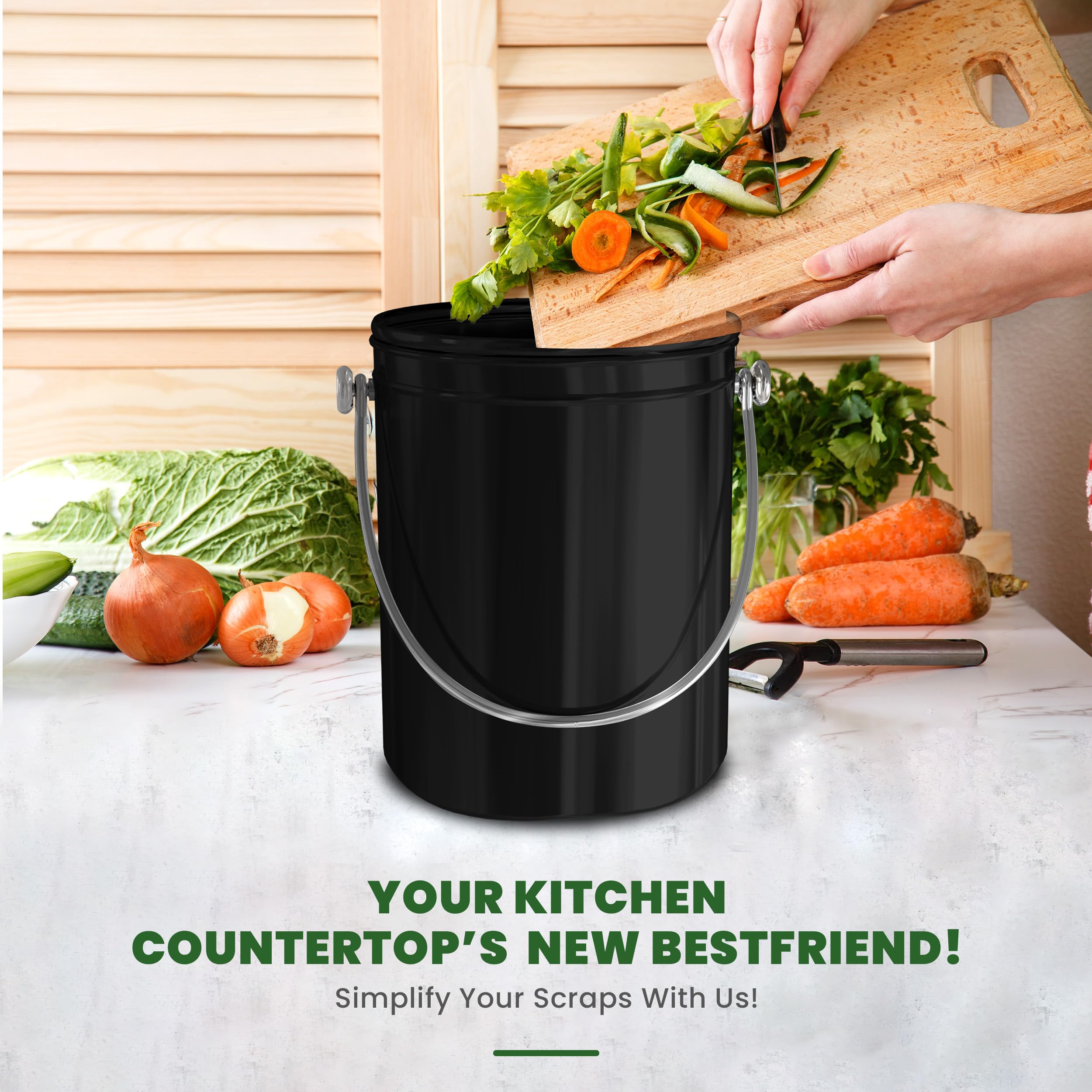 Utopia Kitchen size comparison with apple showing 1.3 gallon capacity and scale benefit
