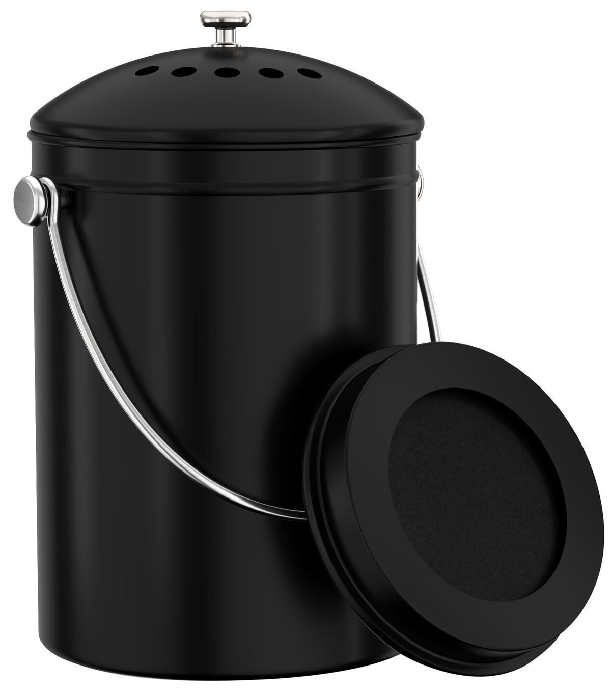 Utopia Kitchen front view of compost bin showing sleek black design and tidy benefit
