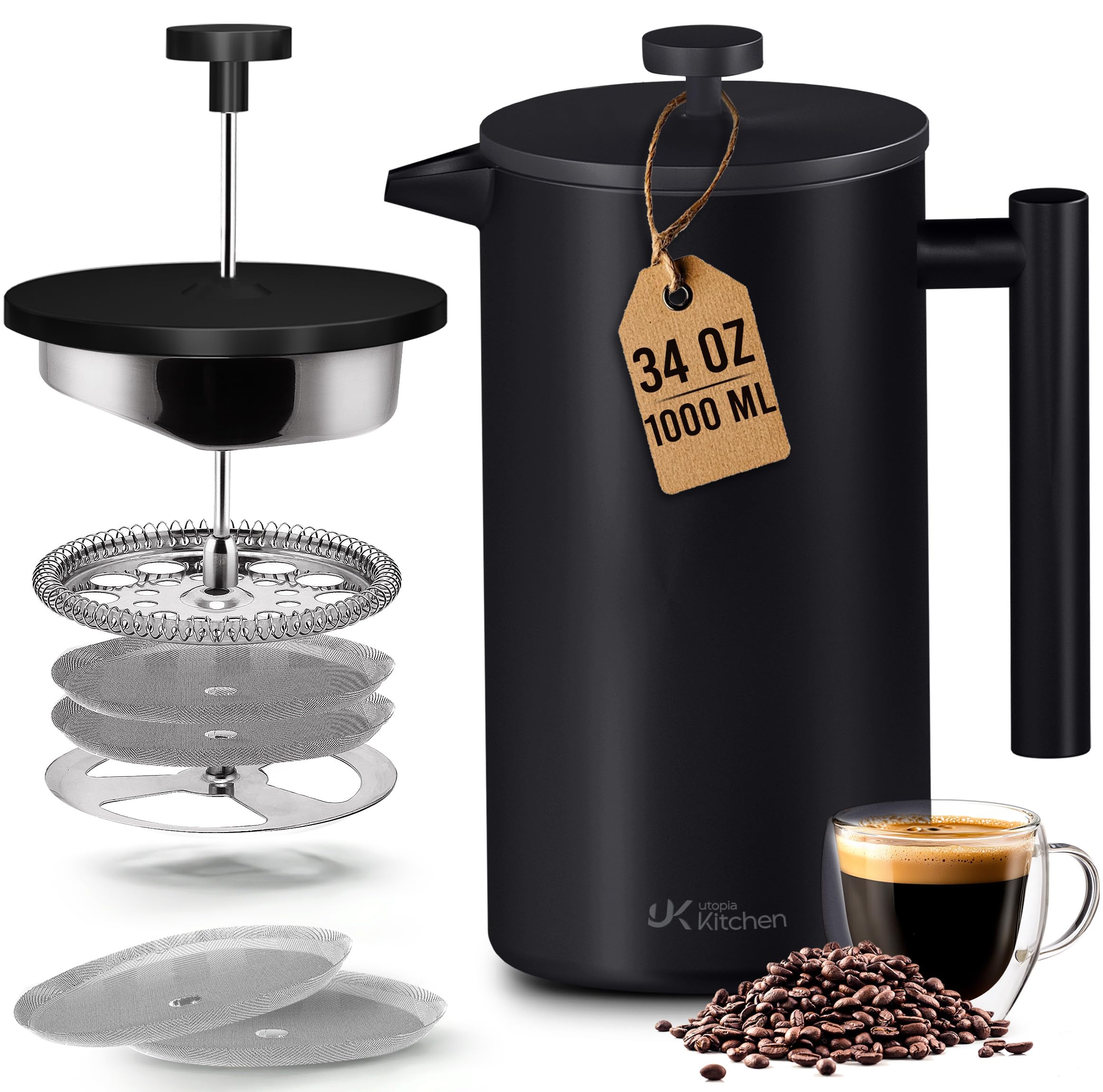 Utopia Kitchen front view of black 34 oz press showing sleek design and durable finish