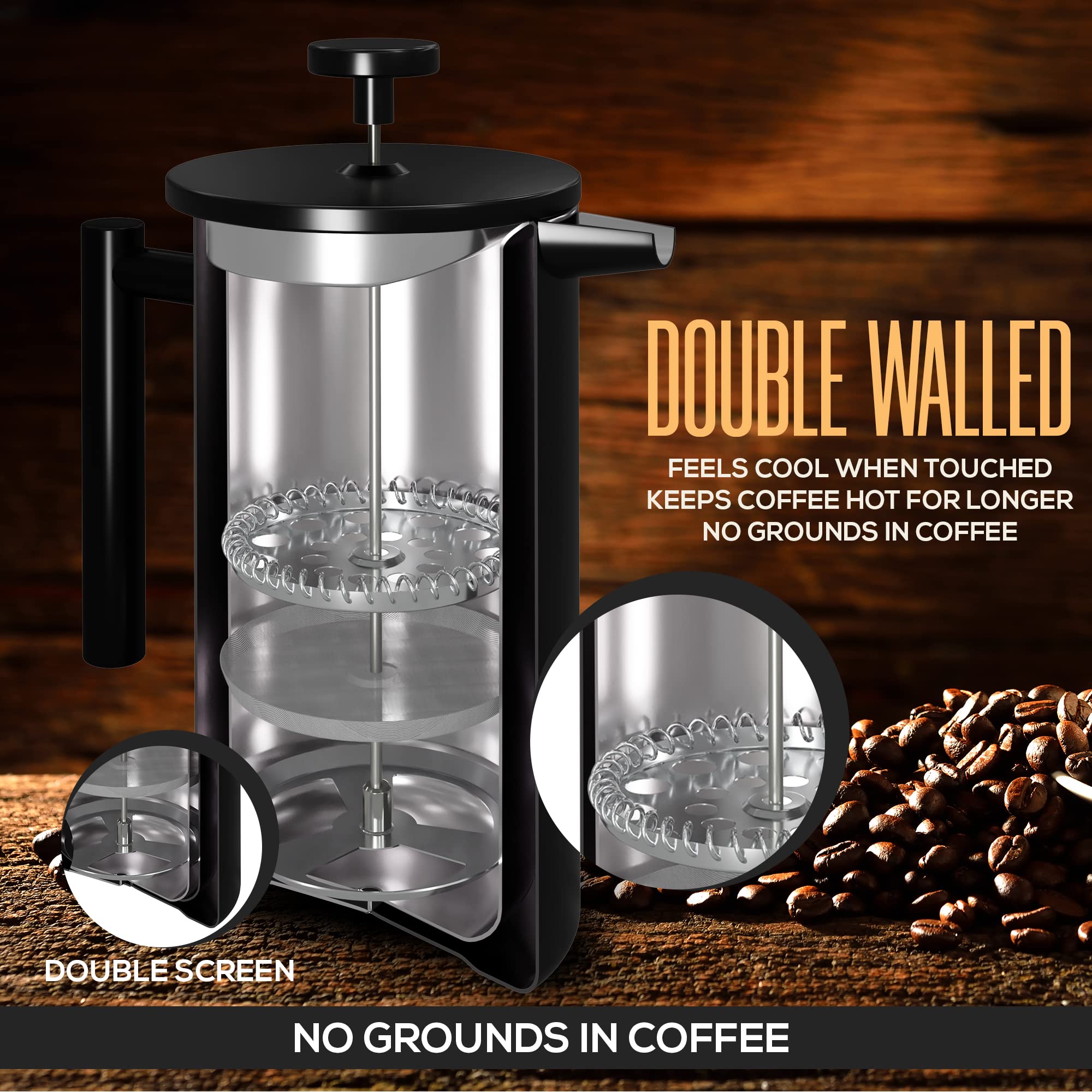 Utopia Kitchen pouring coffee from stainless press highlighting easy serving and heat retention