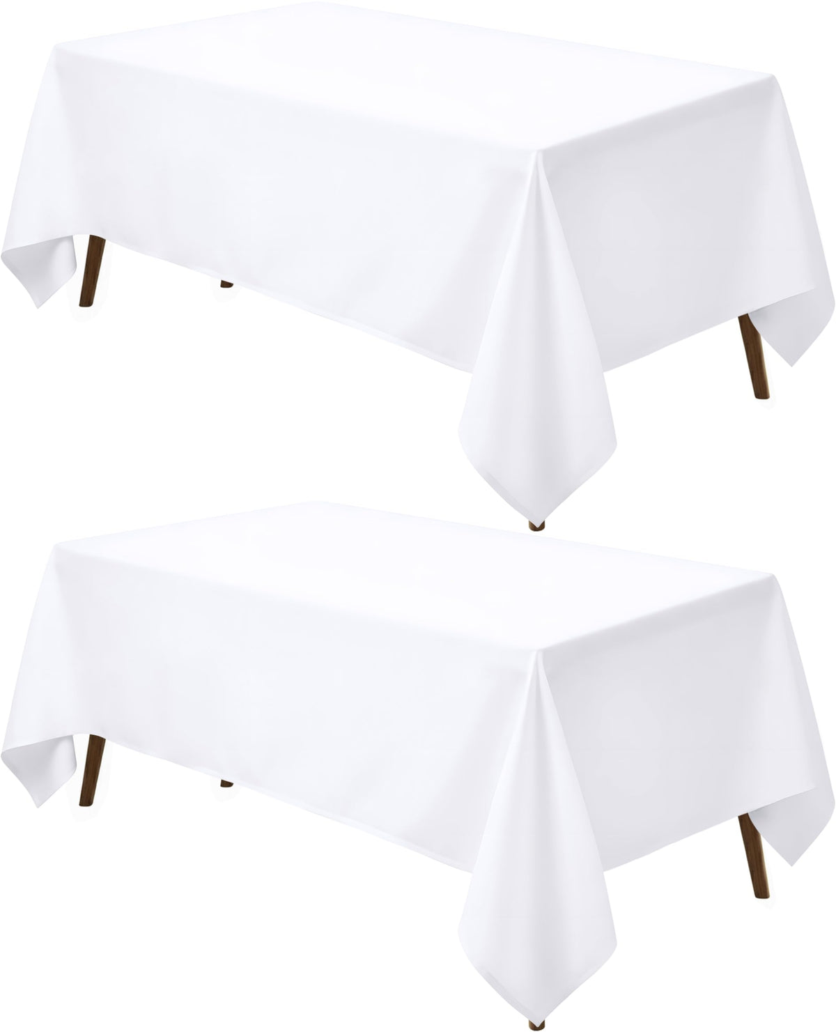 Utopia Kitchen front view of two white rectangle tablecloths, presents neat table styling