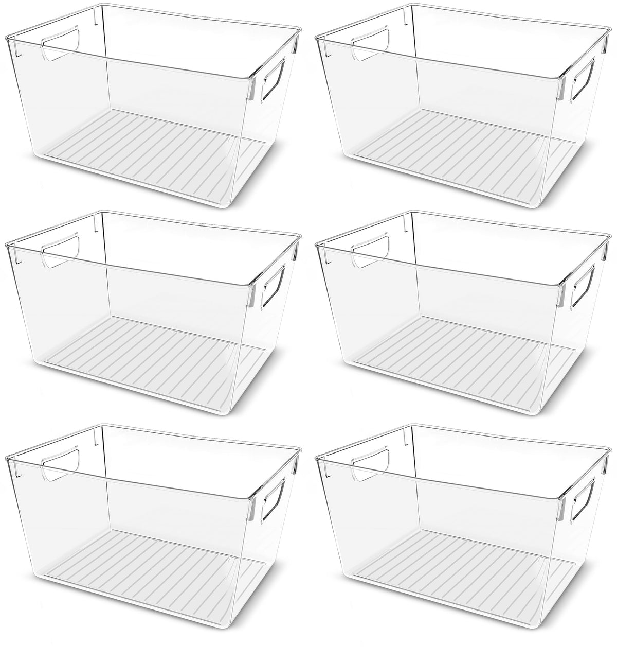 Utopia Kitchen front view of six clear pantry organizers shows tidy uniform storage benefit