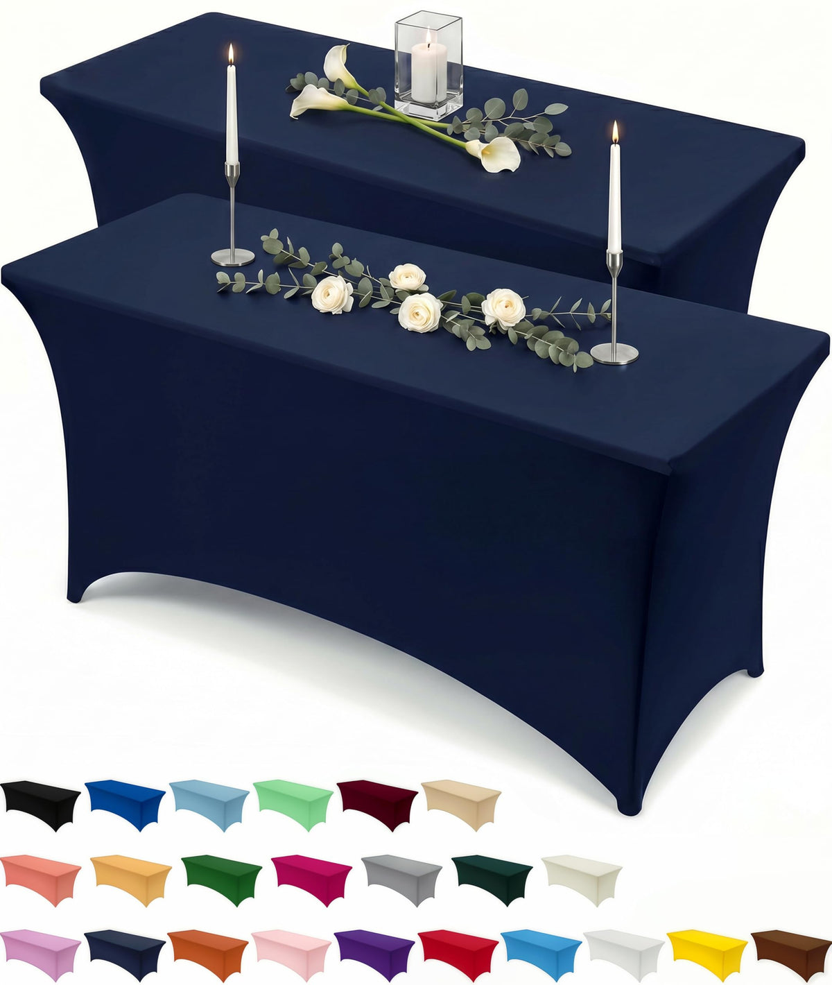 Utopia Kitchen front view of fitted navy tablecloth showing clean finish