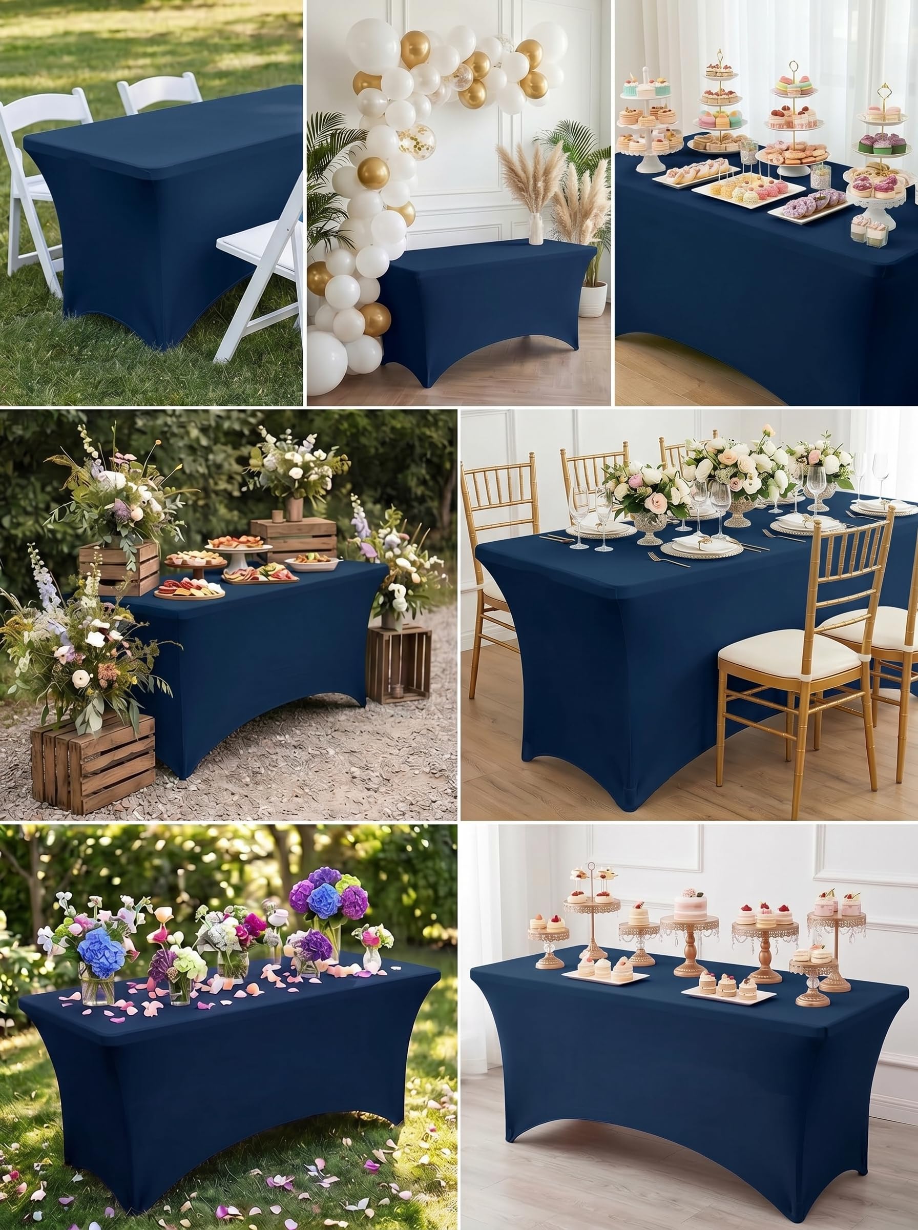 Utopia Kitchen wedding reception table styled with navy fitted cover