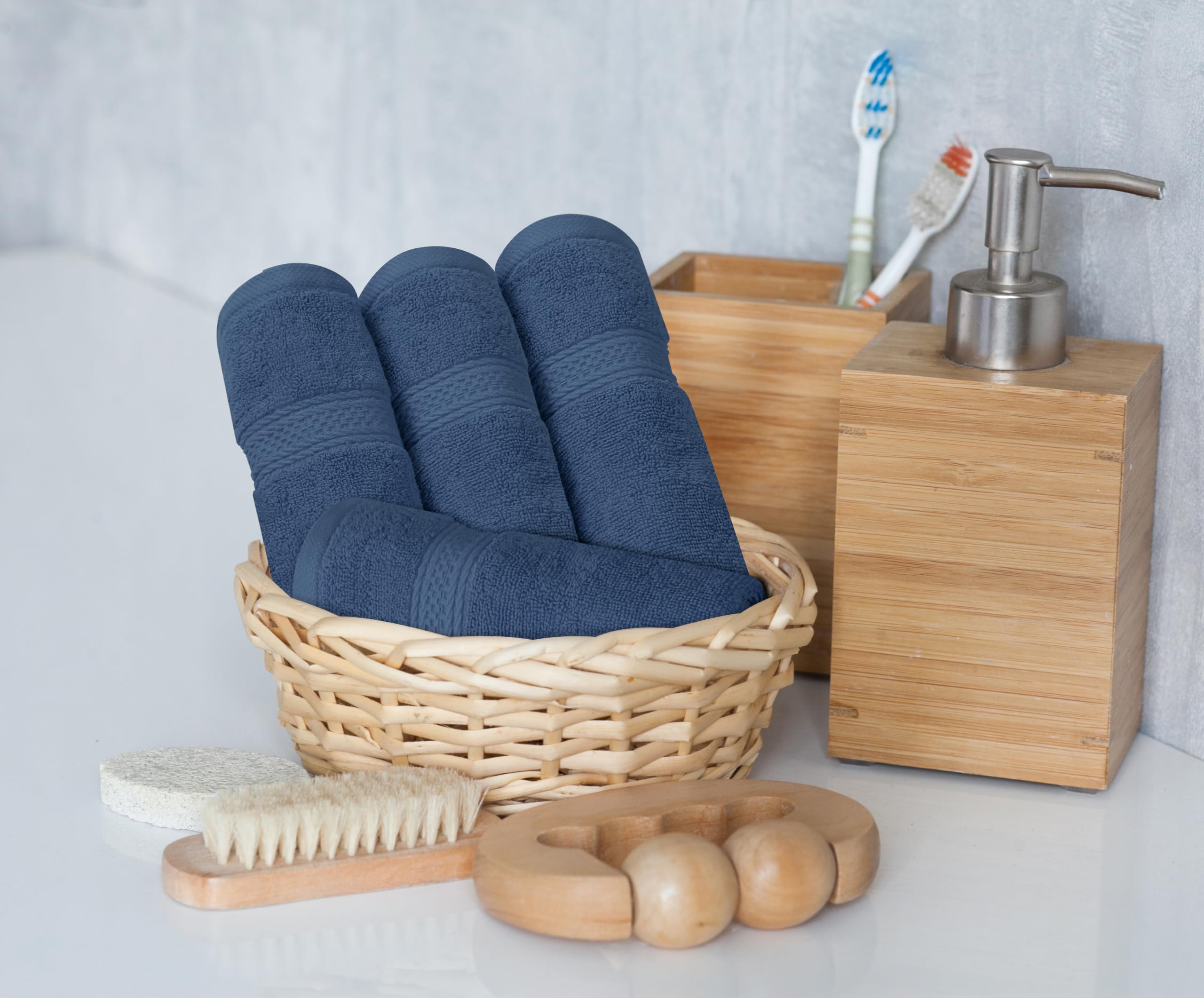 Utopia Towels folded bath towel on shelf highlighting neat compact storage