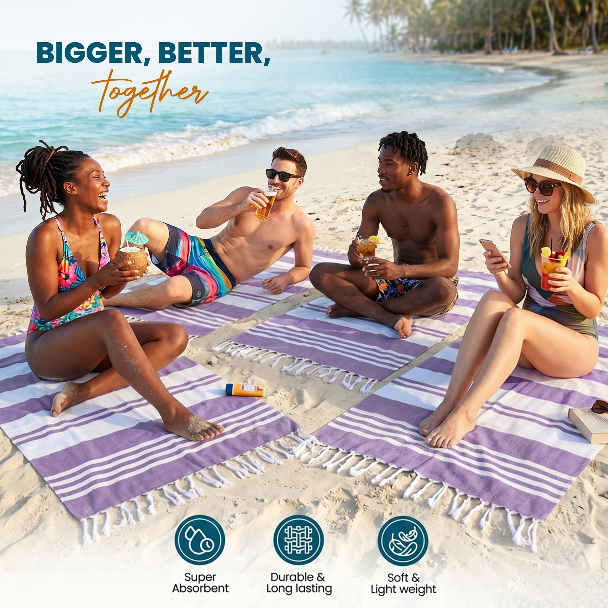 Utopia Towels spread on sand at beach showing large coverage and comfort benefit
