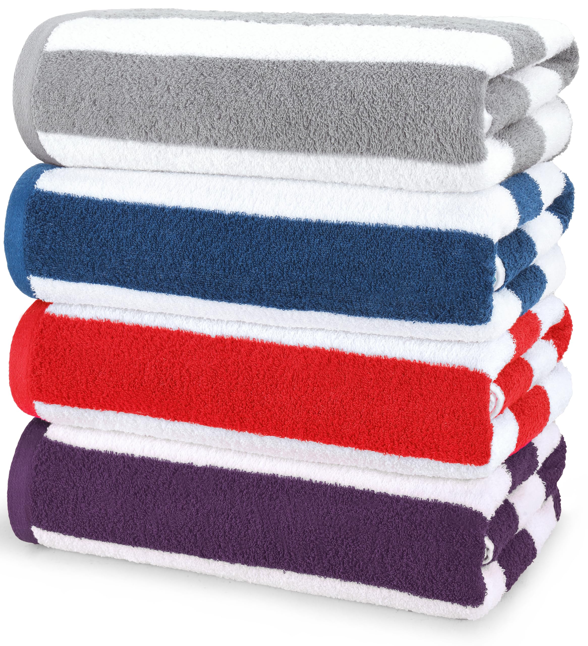 Utopia Towels front-packaging showing four striped towels, clear color choice benefit