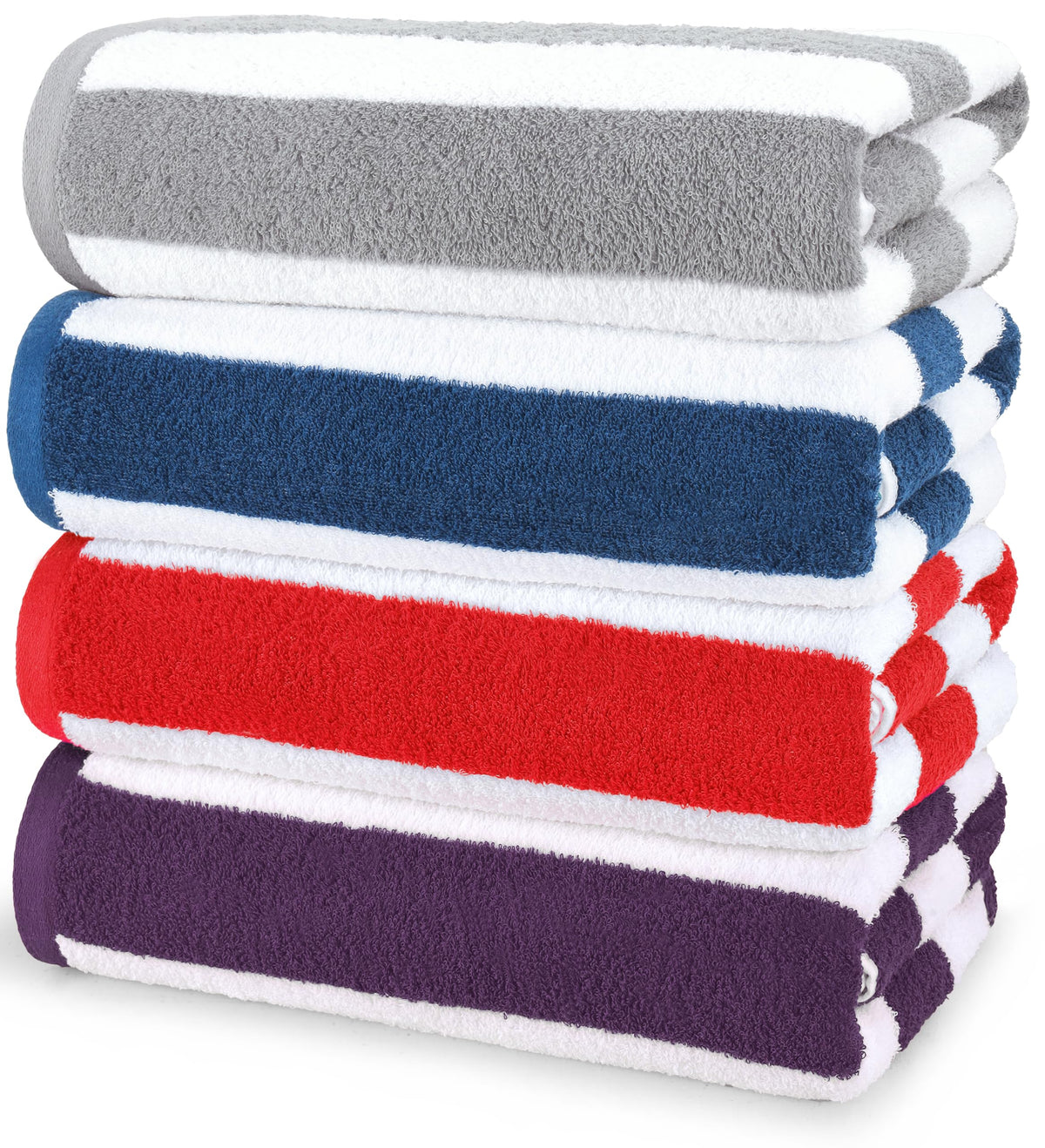 Utopia Towels front-packaging showing four striped towels, clear color choice benefit