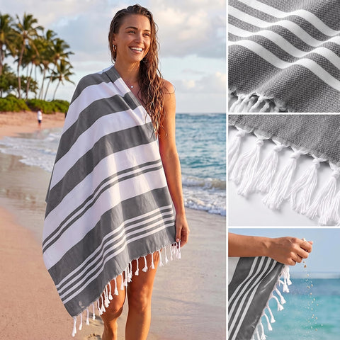 Utopia Towels folded in beach bag for compact travel convenience